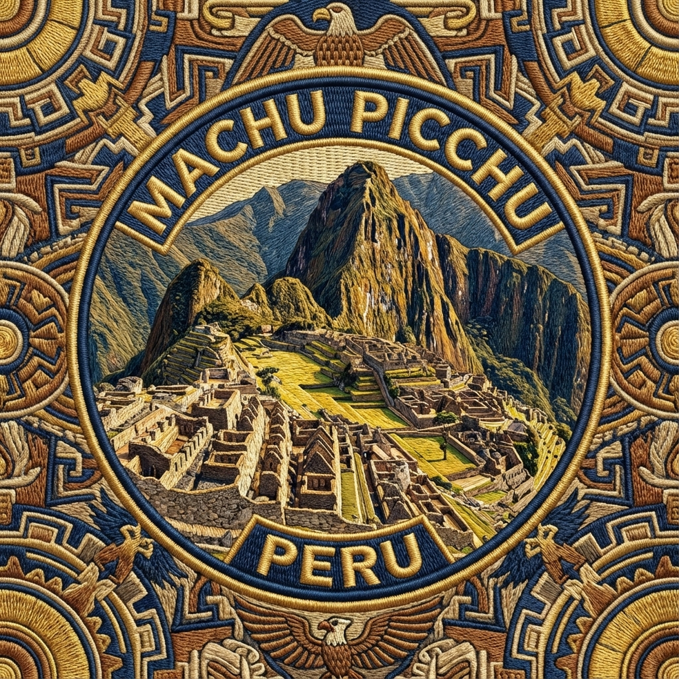 Square Machu Picchu manufacturing artwork with the circular patch face in the center and decorative artwork continuing to every edge.