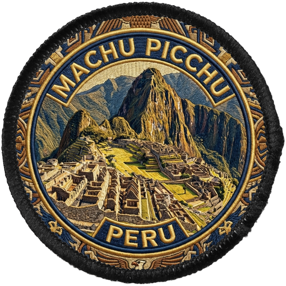 Circular customer preview of the Machu Picchu patch with a black overlocked edge.